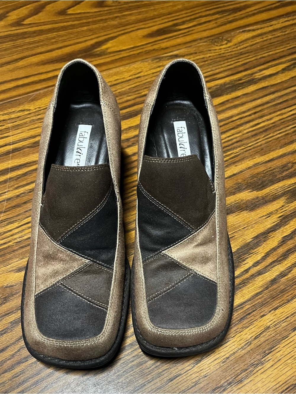 Fabulair Patch Patchwork Suede Mules in Brown and Tan Size 8